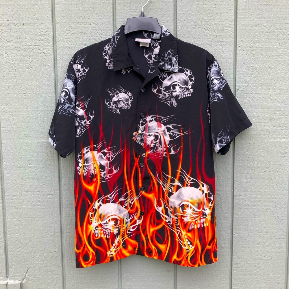 BREAKDOWN vintage fire flame skull button up